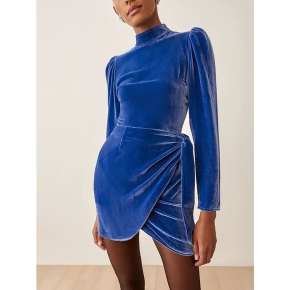 Reformation Silk Burgundy Caspien Color Royal Blue Velvet Puff Sleeve Wr… - Picture 1 of 15